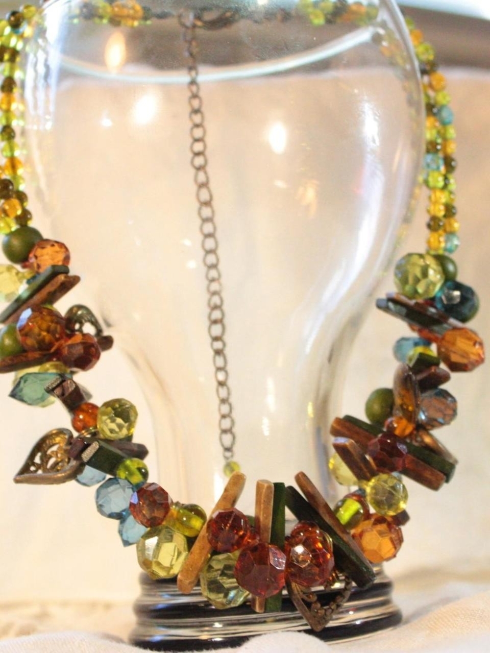 Multi-Color Beaded Statement Necklace - Green & Amber